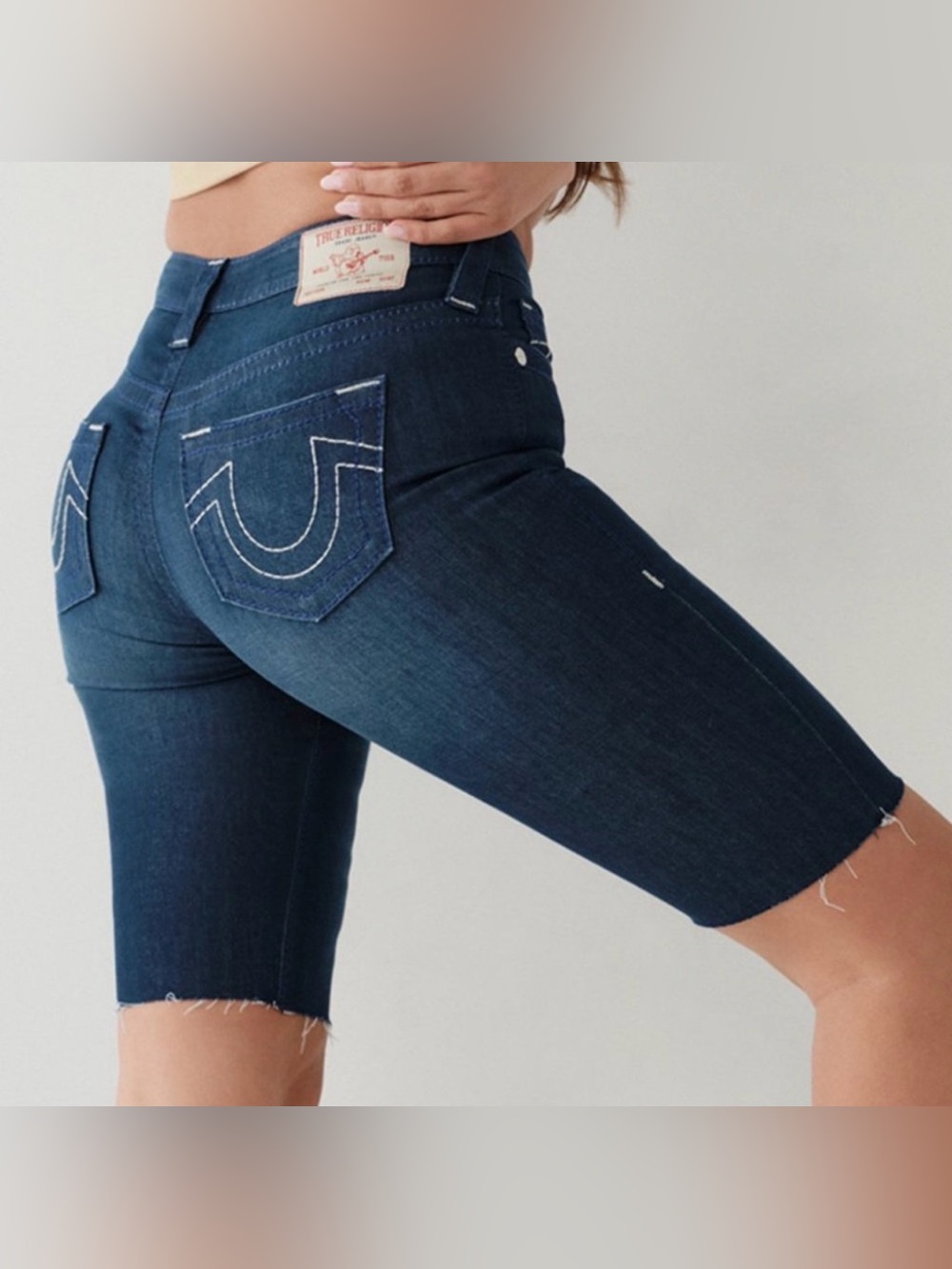 True Religion Riley Big T Mid Rise Bermuda Jorts Shorts in Dark Moonstone $159